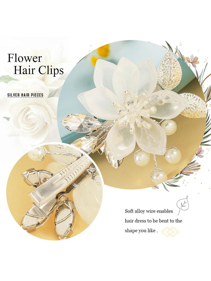 2-Pack Silver Leaf Beaded Flower Hair Clips