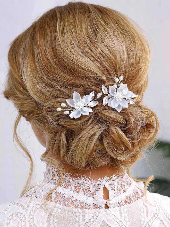 2-Pack Silver Leaf Beaded Flower Hair Clips