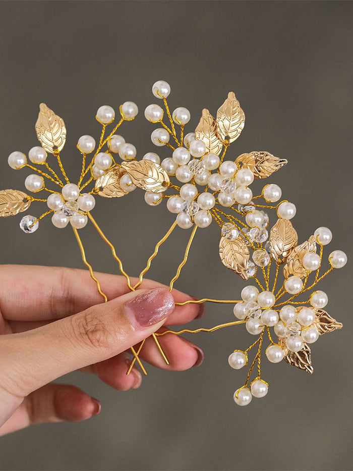 3-Pack Leaf-Shaped Pearl Wedding Hairpins