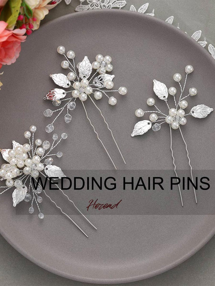 3-Pack Leaf-Shaped Pearl Wedding Hairpins