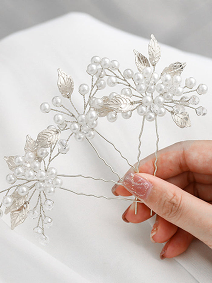 3-Pack Leaf-Shaped Pearl Wedding Hairpins