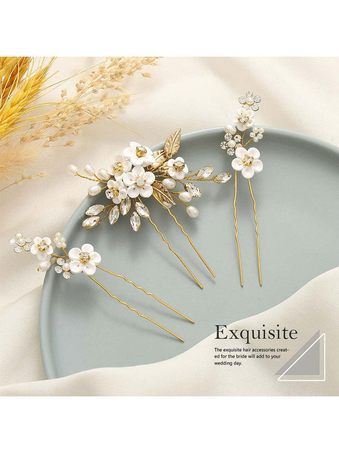 3-Pack Pearl Rhinestone Alloy Flower Hairpins