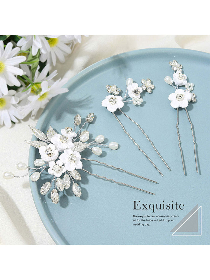 3-Pack Pearl Rhinestone Alloy Flower Hairpins