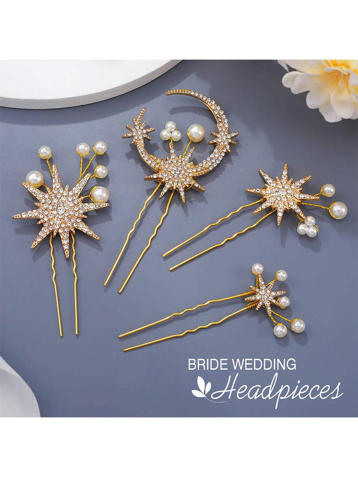 4-Pack Star Moon Pearl Rhinestone Hair Accessories