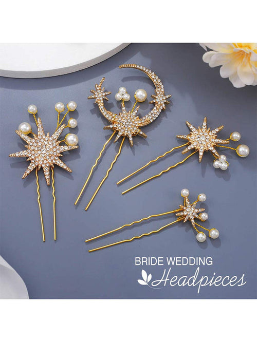 4-Pack Star Moon Pearl Rhinestone Hair Accessories
