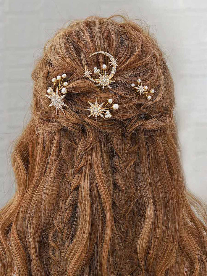 4-Pack Star Moon Pearl Rhinestone Hair Accessories