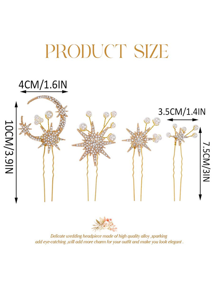 4-Pack Star Moon Pearl Rhinestone Hair Accessories