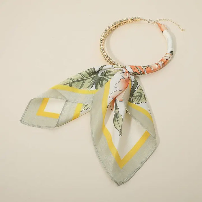 Abstract Pattern Fabric Scarf Double Bubble Chain Necklace in Light Orange
