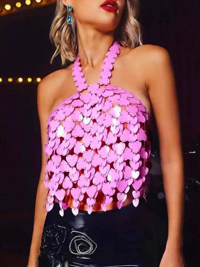 Acrylic Heart-shaped Pink Sequin Tank Top
