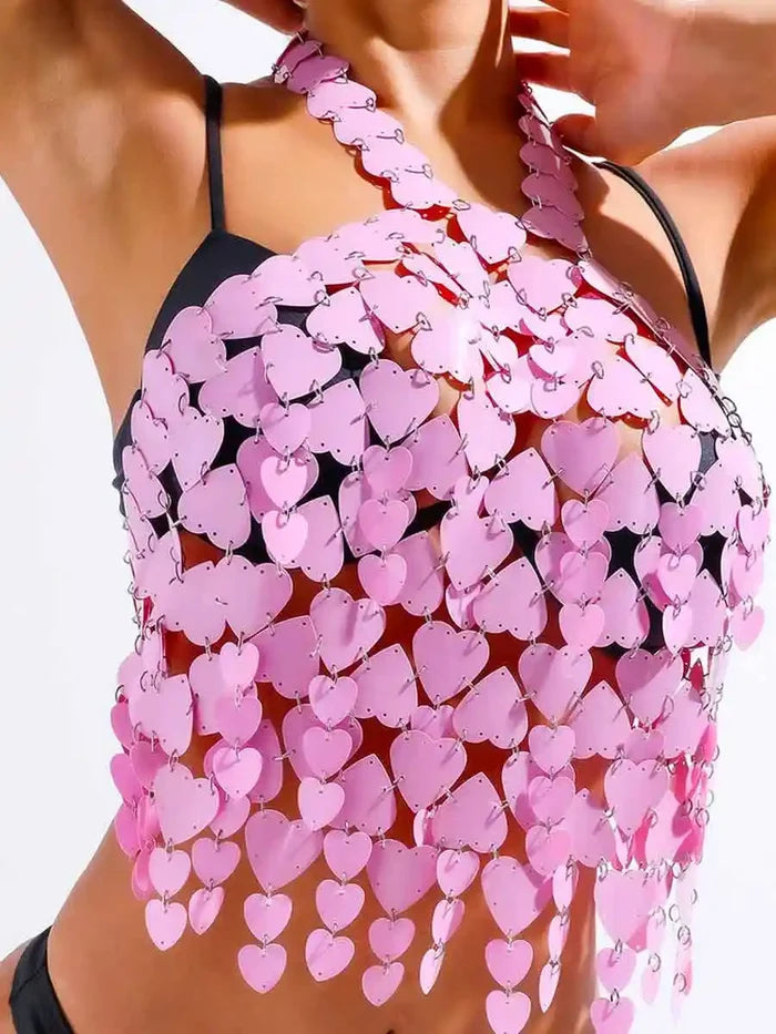 Acrylic Heart-shaped Pink Sequin Tank Top