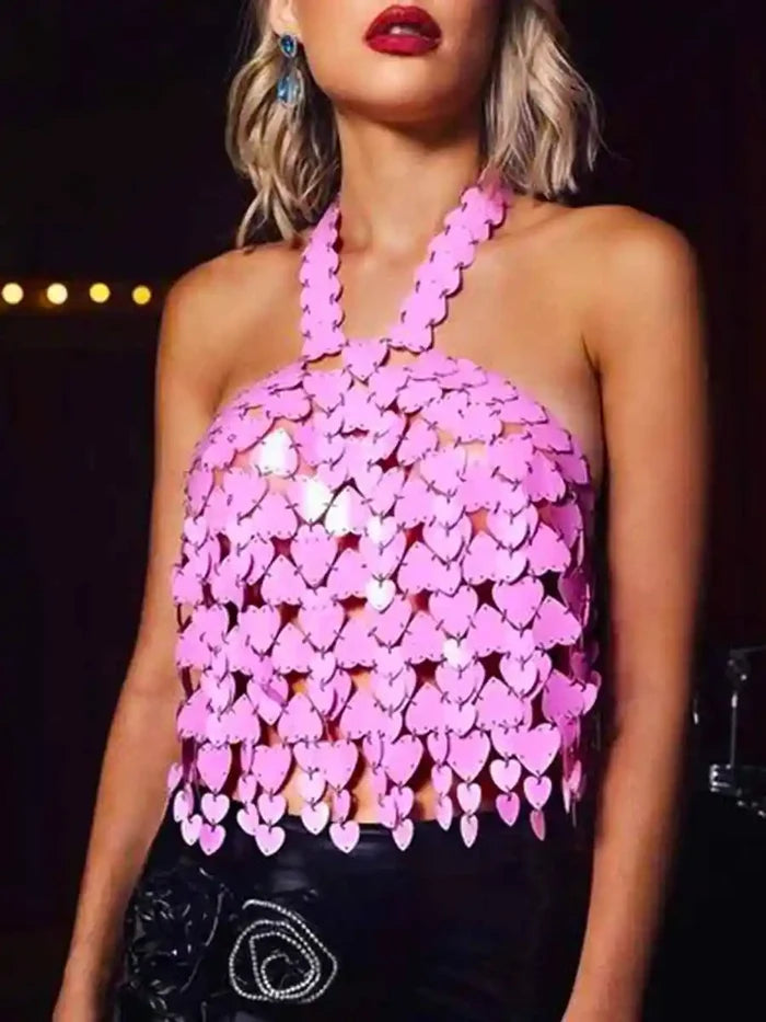 Acrylic Heart-shaped Pink Sequin Tank Top