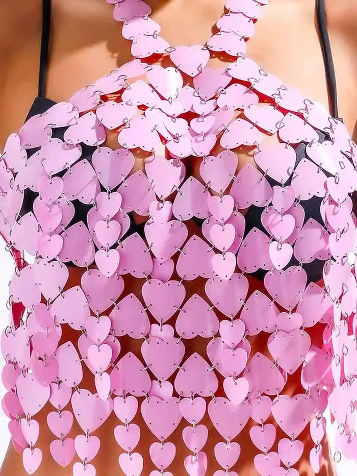 Acrylic Heart-shaped Pink Sequin Tank Top