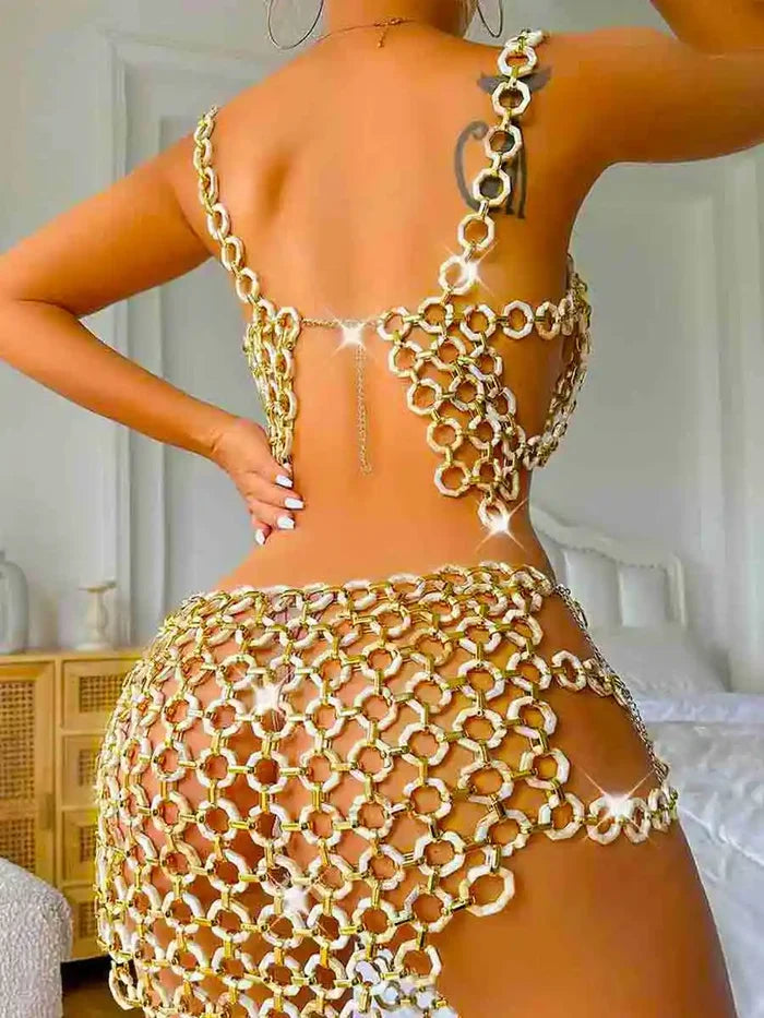Acrylic White Sequin Two Piece Set & Bra Top + Skirt