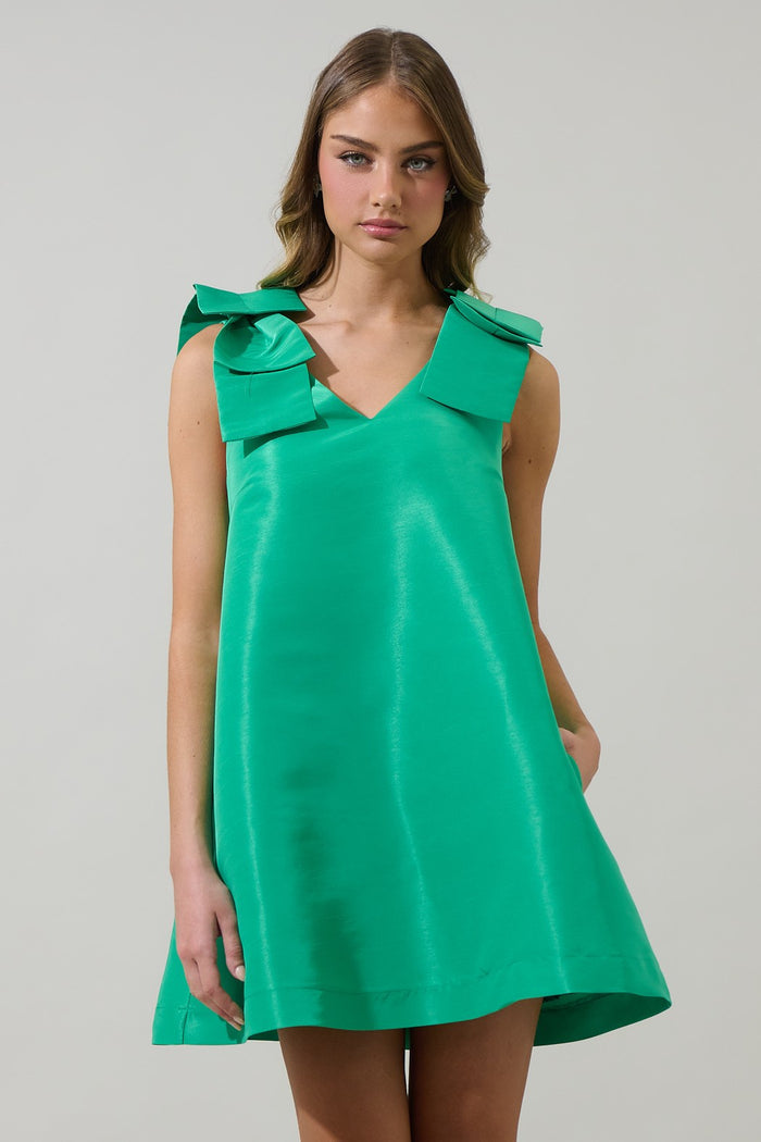 Alani Bow Trapeze Mini Dress in Kelly Green