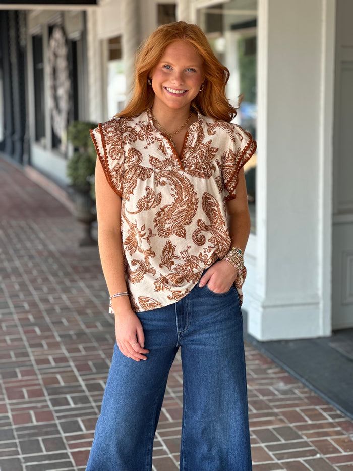 All The Right Moves Brown Printed Top