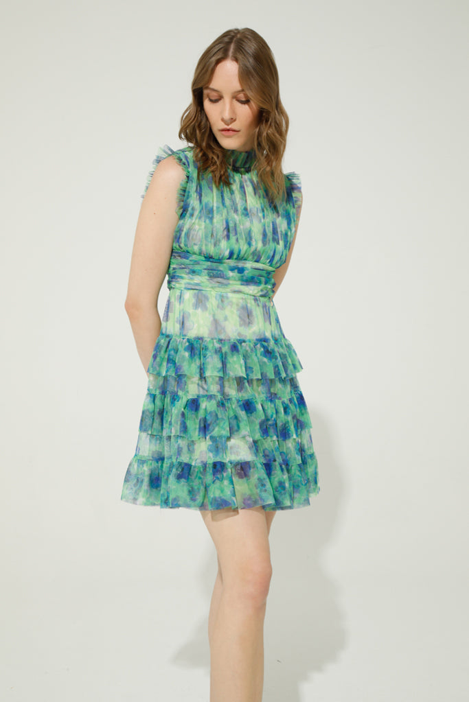 AMERIGA TULLE MINI DRESS (GREEN/BLUE FLOWER)
