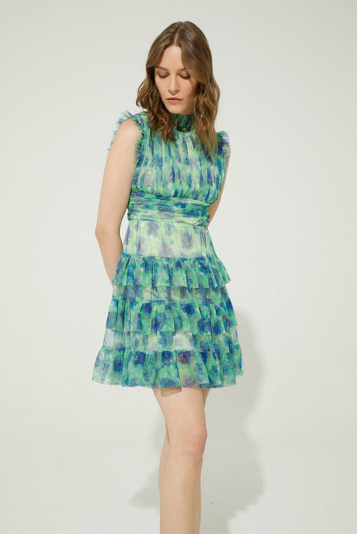 AMERIGA TULLE MINI DRESS (GREEN/BLUE FLOWER)
