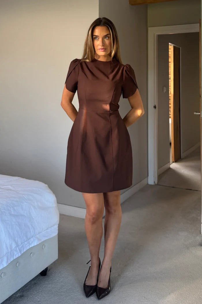 Ami Tulip Sleeve High Neck Dress (Brown)