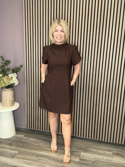 Ami Tulip Sleeve High Neck Dress (Brown)