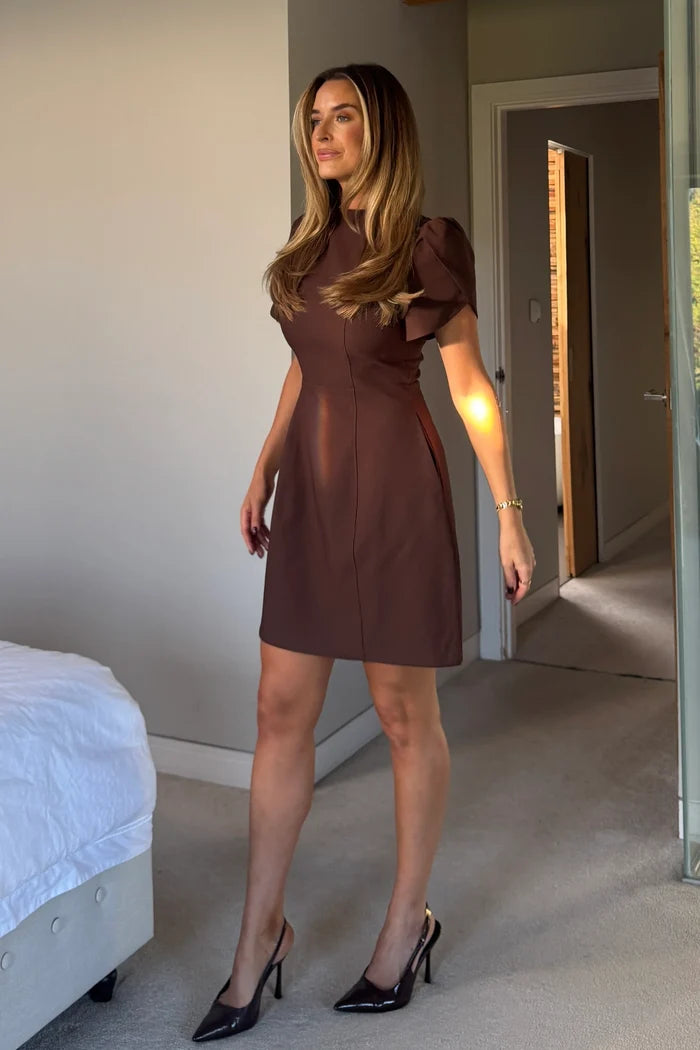 Ami Tulip Sleeve High Neck Dress (Brown)
