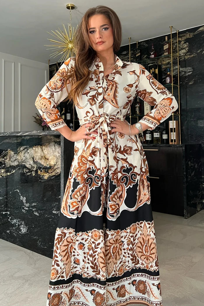 ANGELA BOARDER PRINT SHIRT MAXI DRESS (BROWN)