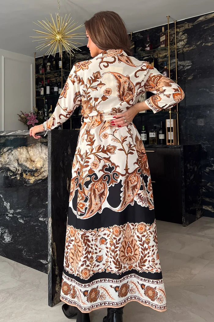 ANGELA BOARDER PRINT SHIRT MAXI DRESS (BROWN)