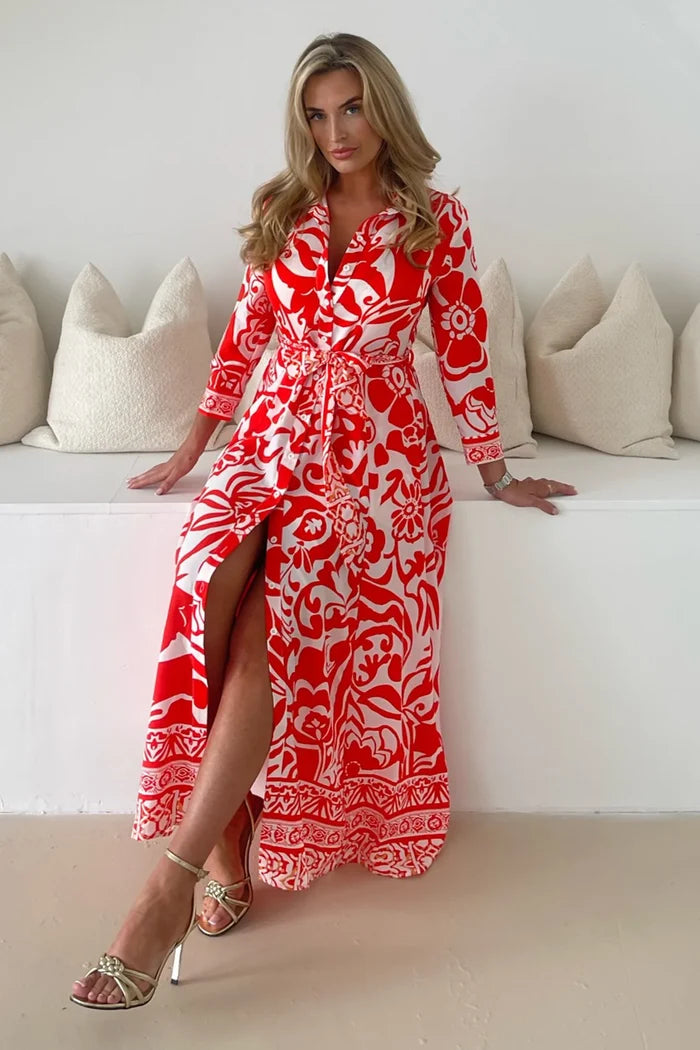 Angela Shirt Maxi Dress (Red Print)