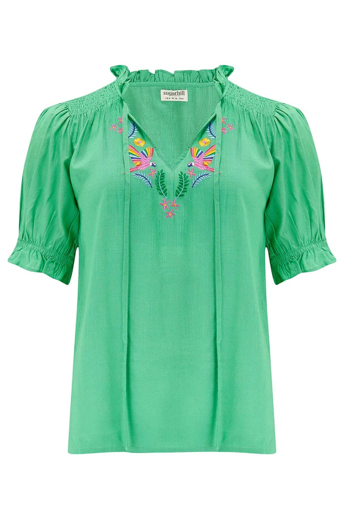 Angelique Top (Green Rainbow Parrots Embroidery)