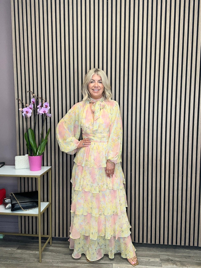 Anya Ruffle Maxi Dress (Pastel Floral)