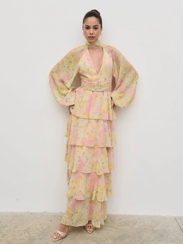 Anya Ruffle Maxi Dress (Pastel Floral)