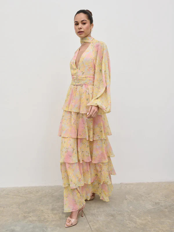 Anya Ruffle Maxi Dress (Pastel Floral)