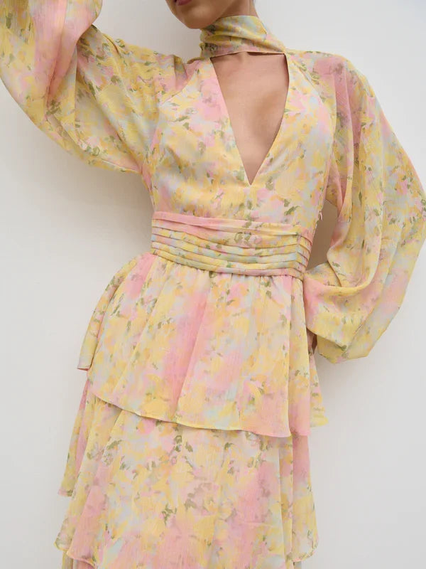 Anya Ruffle Maxi Dress (Pastel Floral)