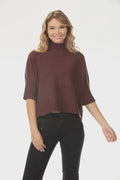 Aria Pleated Sleeve Mock Neck Sweater in Chocolate Brown