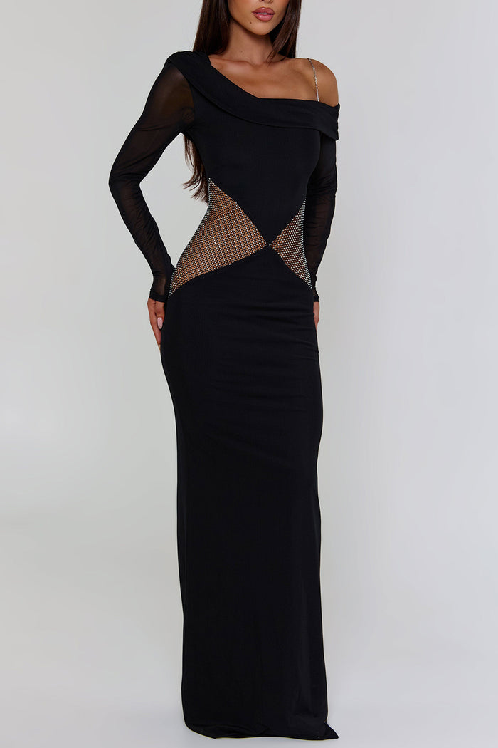 Asymmetric Cami Long Sleeve Fishnet Patchwork Maxi Dresses-Black Pre Order