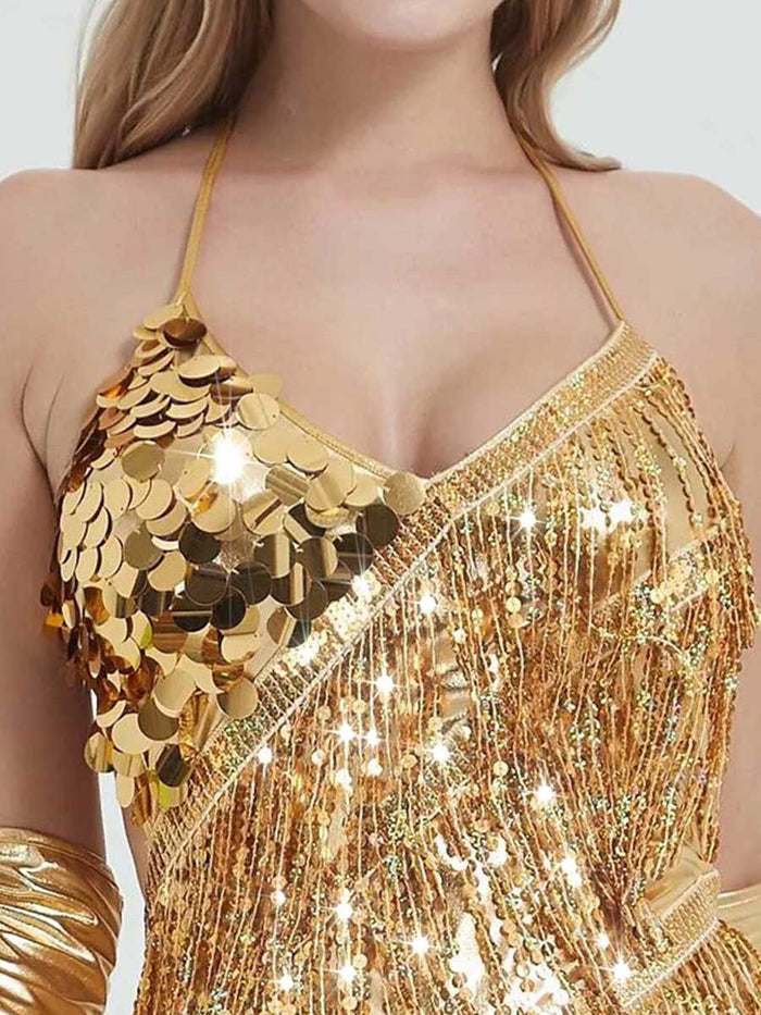 Asymmetric Gold Sequin Fringe Dress with Oversleeves