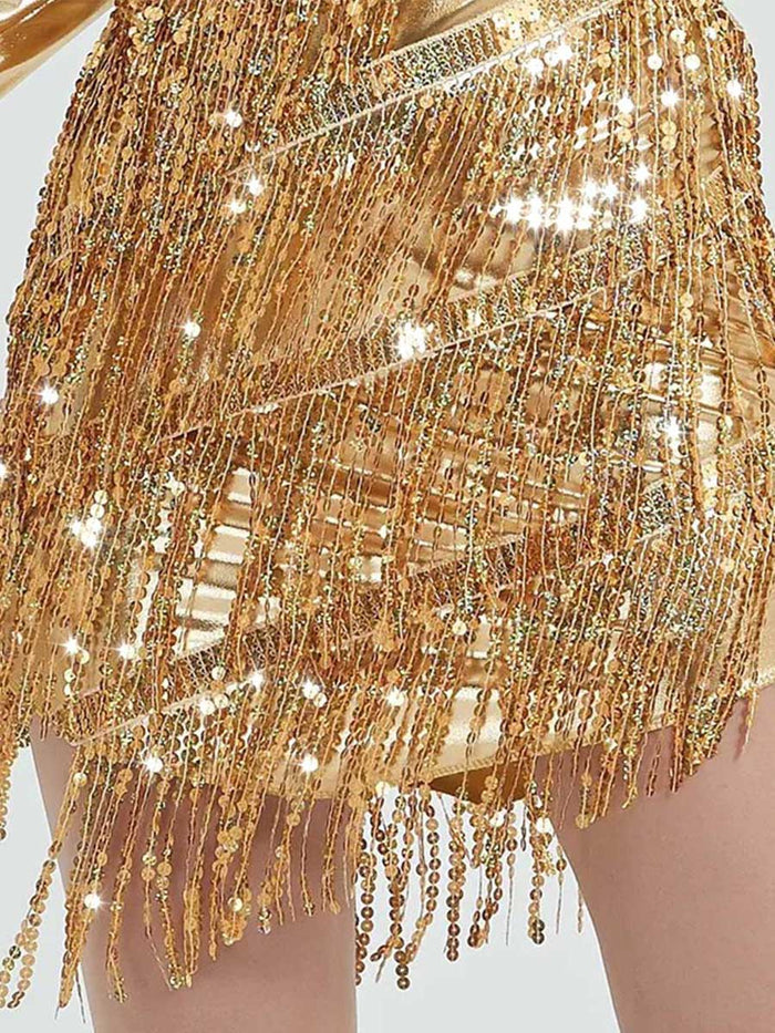 Asymmetric Gold Sequin Fringe Dress with Oversleeves