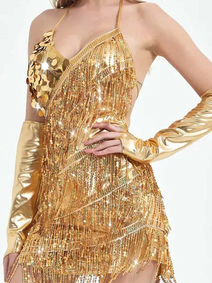 Asymmetric Gold Sequin Fringe Dress with Oversleeves