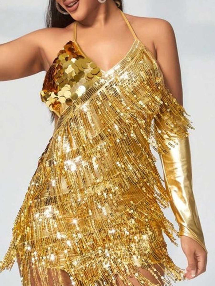 Asymmetric Gold Sequin Fringe Dress with Oversleeves