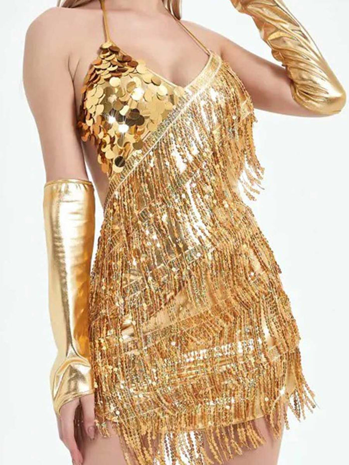 Asymmetric Gold Sequin Fringe Dress with Oversleeves