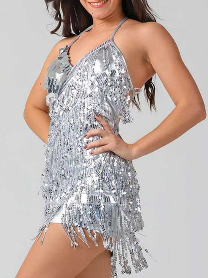 Asymmetric Silver Sequin Fringe Dress with Oversleeves