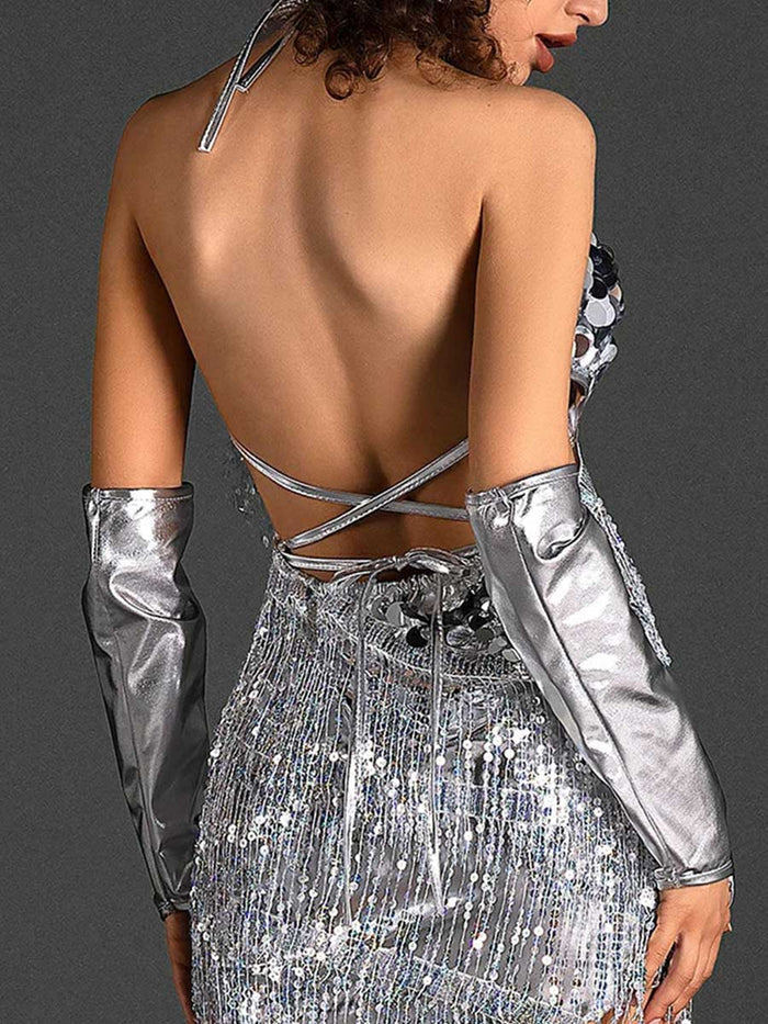 Asymmetric Silver Sequin Fringe Dress with Oversleeves