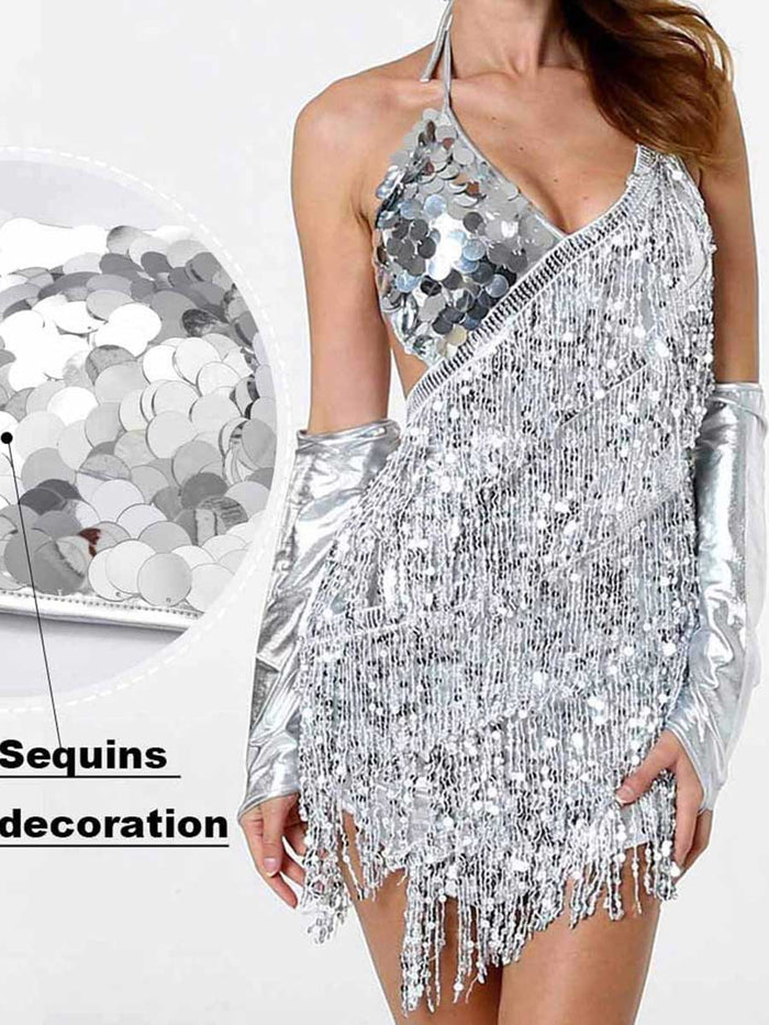 Asymmetric Silver Sequin Fringe Dress with Oversleeves