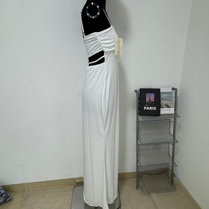Backless halter-neck solid-color dress