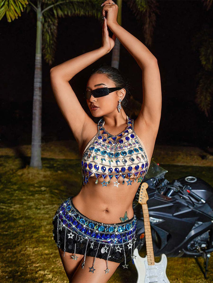 Beach Body Chain Star Rhinestone Skirt Set