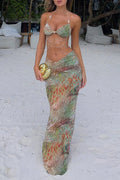 Beady Chains Halter Bra Plants Print Maxi Skirt 2pcs Set Green