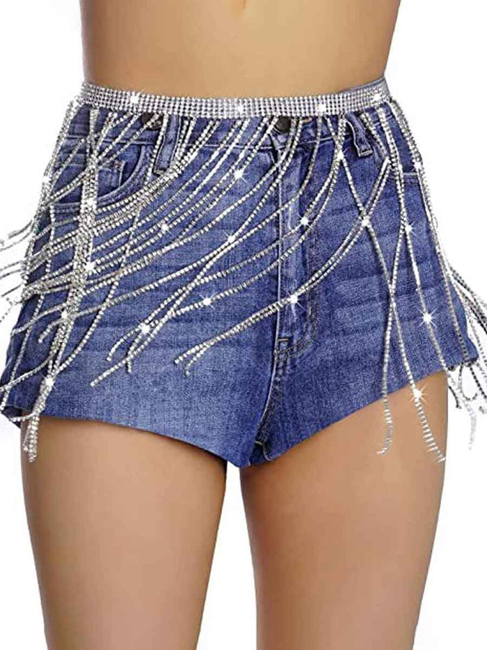 Belly Dance Body Chain Shiny Rhinestone Tassel Skirt