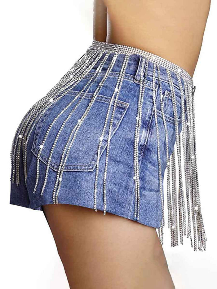 Belly Dance Body Chain Shiny Rhinestone Tassel Skirt