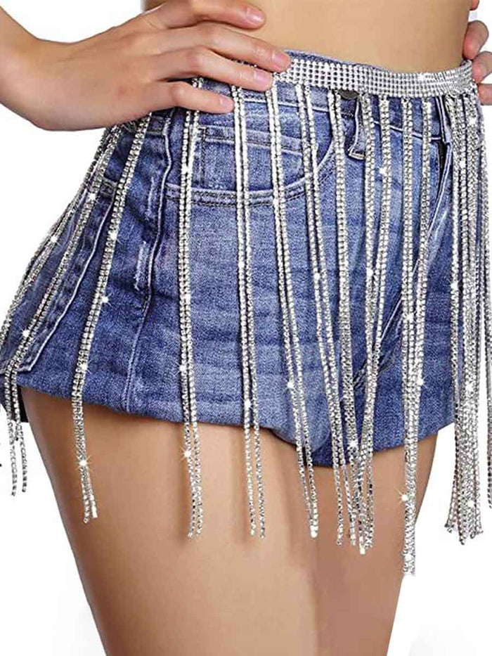 Belly Dance Body Chain Shiny Rhinestone Tassel Skirt