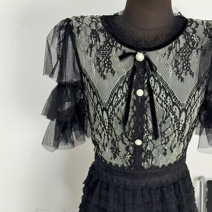 Belted round-neck lace dress