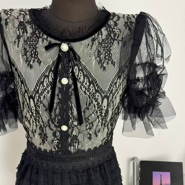 Belted round-neck lace dress